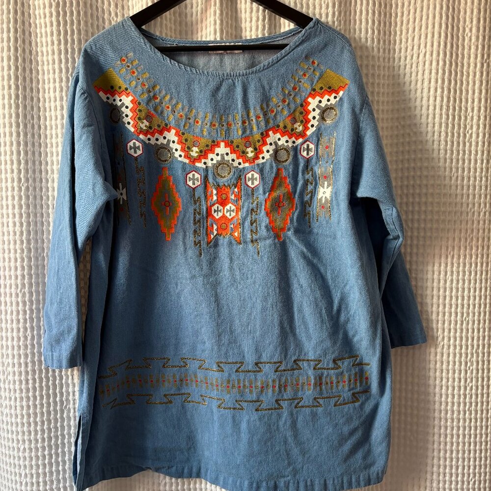 Vintage Bonjour tunic XL embellished chambray top retro boho 1990s